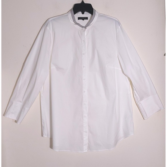 LAFAYETTE 148 NEW YORK White Mandarin Collar Poplin Tunic Blouse Size 1X EUC - Picture 2 of 11